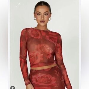Meshki Red Rose Print Sheer Long Sleeve Crop Top